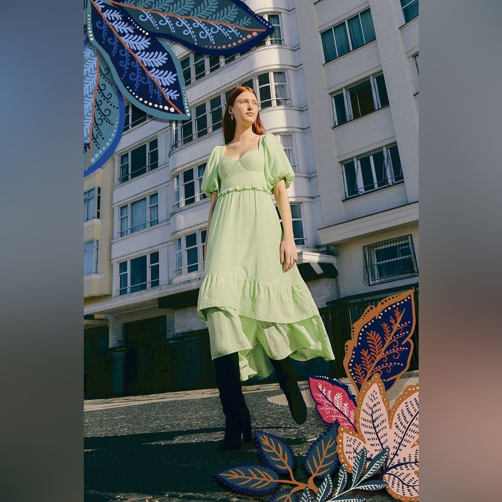 Farm Rio Soft Green Short Sleeve Midi Dress Garden Party Cottage Core